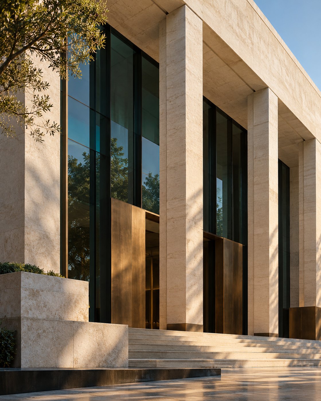 Líneas de piedra y vidrio en una composición arquitectónica contemporánea.